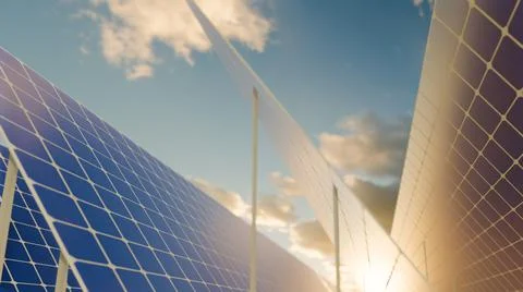 Solar Panels on the Green Fields Under Bright Sun 3d rendering Stock Illustration