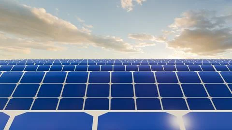 Solar Panels on the Green Fields Under Bright Sun 3d rendering Stock Illustration