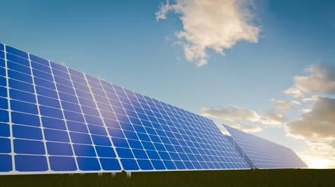 Solar Panels on the Green Fields Under Bright Sun 3d rendering Stock Illustration