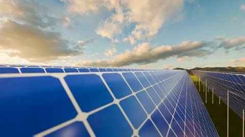 Solar Panels on the Green Fields Under Bright Sun 3d rendering Stock Illustration