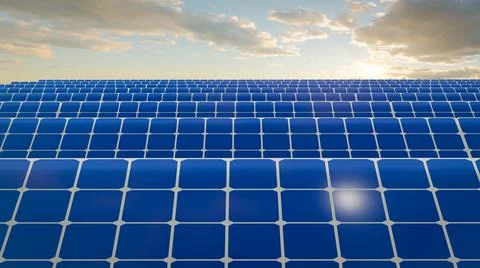 Solar Panels on the Green Fields Under Bright Sun 3d rendering Stock Illustration