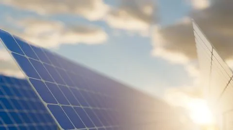 Solar Panels on the Green Fields Under Bright Sun 3d rendering Stock Illustration