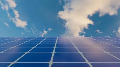 Solar Panels on the Green Fields Under Bright Sun 3d rendering Stock Illustration
