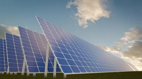 Solar Panels on the Green Fields Under Bright Sun 3d rendering Stock Illustration