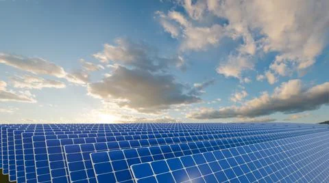 Solar Panels on the Green Fields Under Bright Sun 3d rendering Stock Illustration