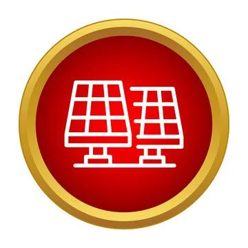Solar panels icon on a red button representing green energy Stock Illustration
