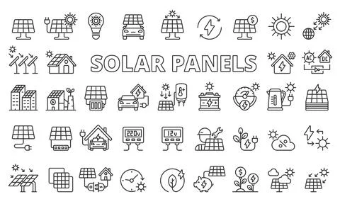 Solar panels icon set in line design. Energy, Green, Electricity, Charging Stock Illustration