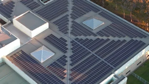 Solar panels on industrial data centre roof at dusk Stock Footage 348043617