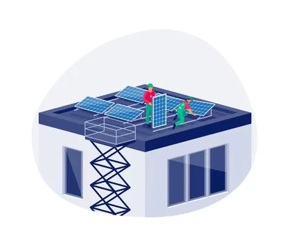 Solar panels installation on flat house building roof Ilustración de archivo