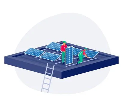 Solar panels installation on flat house general building roof Ilustración de archivo