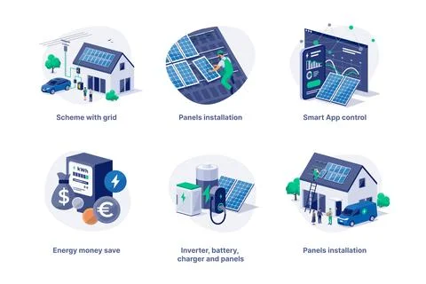 Solar panels installation on house with grid battery storage illustration set Stock Illustration