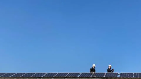 Solar panels installation in process Stock Photos