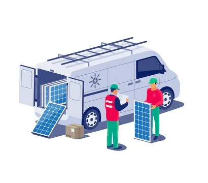 Solar panels installation with technician worker and service car van Stock Illustration