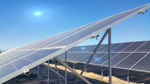 Solar panels installed on the ground Stock Photos