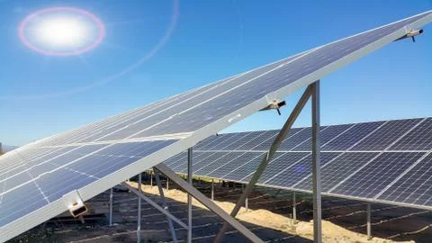Solar panels installed on the ground Stock Photos