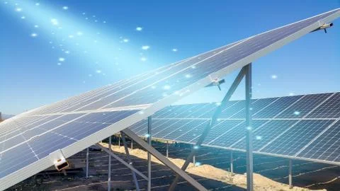 Solar panels installed on the ground Stock Photos