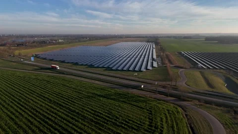 Solar Panels Landscape, View Of Solar Modules Alongside Farmlands And Stock Footage 325451819