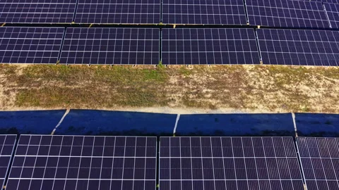 Solar panels line the ground at a renewable energy site where sunlight powers Stock Footage 331097892