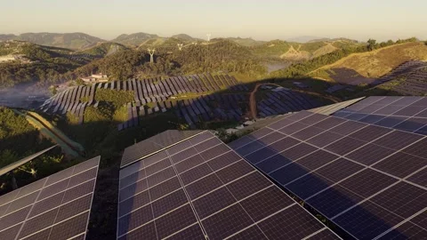 Solar panels mounted on ecological electricity at sunset Stock Footage 342169097