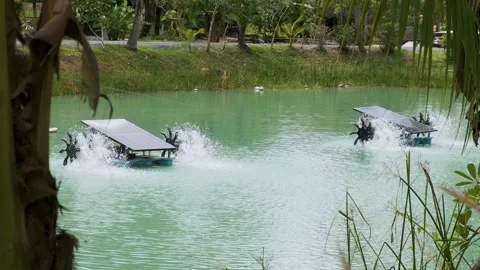 Solar panels mounted on floating platforms with paddle wheel aerators that churn Stock Footage 284962133