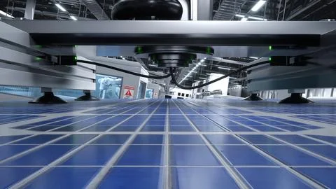 Solar panels moved around facility using assembly lines, 3D render close up Stock Illustration