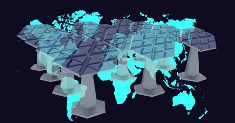 Solar panels over multiple traffic cones against world map on black background Ilustração Stock