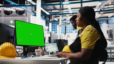 Solar panels plant engineer overseeing energy consumption using isolated screen Stock Footage 309157178