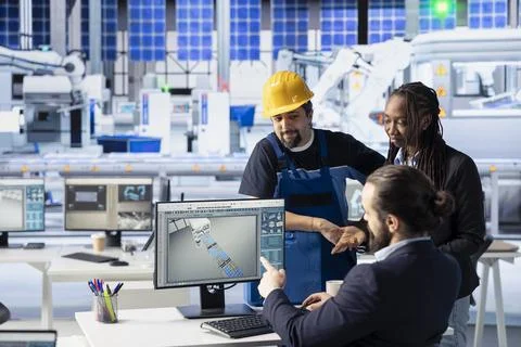 Solar panels plant engineering team optimizing efficiency Stock Photos