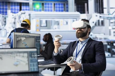 Solar panels plant technician optimizing efficiency using VR goggles Stock Photos