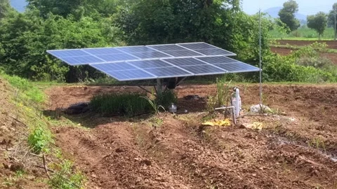 Solar panels power an irrigation 库存影片 318032948