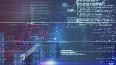 Solar panels presenting tech HUD pointer sweeping right, red blue graphs rising, Video stock 331821045