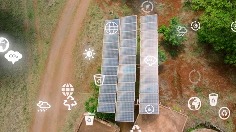 Solar panels pumping water farm Kenya. Climate change Paris agreement. Stock Footage 172032012