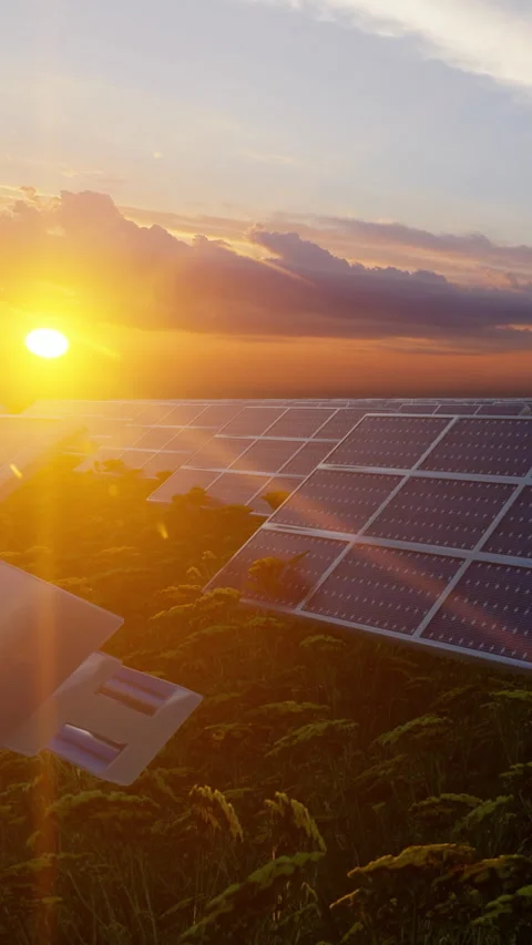 Solar panels in rape field against beautiful sunset vertical video Stock Footage 340454760