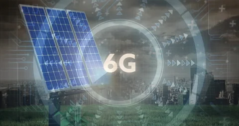 Solar panels receiving digital 6G interface, showing HUD circles, arrows, Stock Footage 307858856