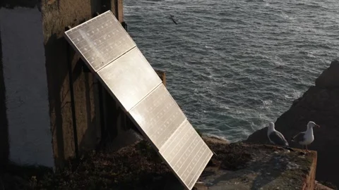 Solar Panels on Rocky Cliff with Seagulls on Berlengas Island Stock Footage 320199062