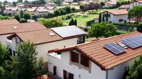 Solar panels on a roof. Drone view. Stock Footage 201890884