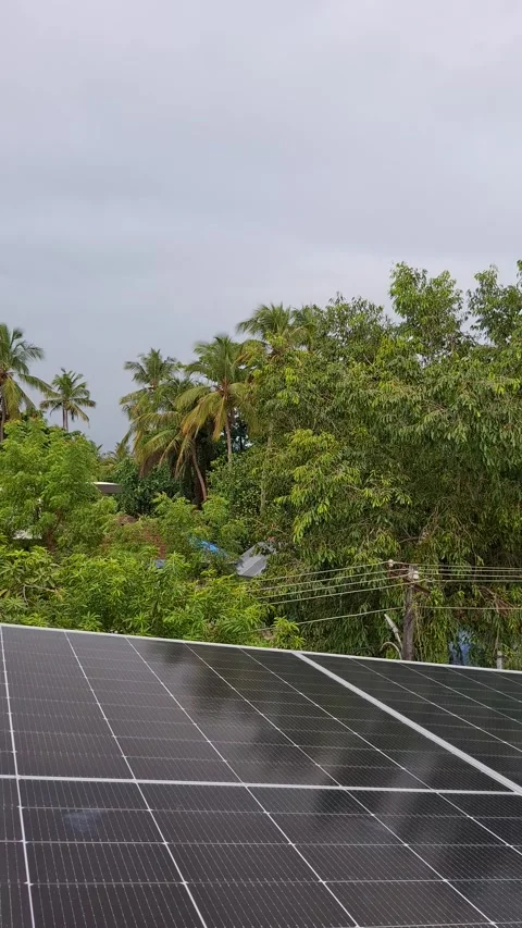 Solar Panels on a Rooftop with Green Trees in the Background Video stock 337333532