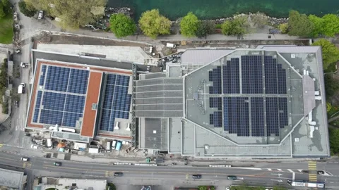 Solar panels rooftop pattern top view renewable energy concept Stockbeeldmateriaal 332704214