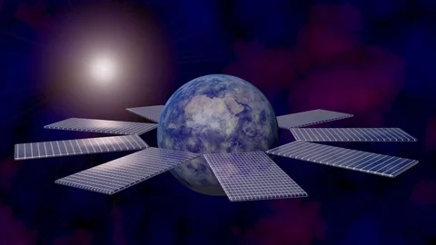 Solar panels rotating around Earth. Glowing sun, stars, nebula Stock-Footage 81554987