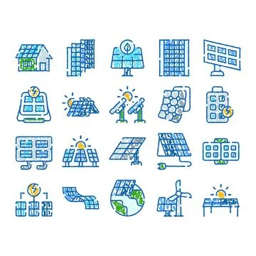 Solar panels set creating renewable energy doodle icons Stock Illustration