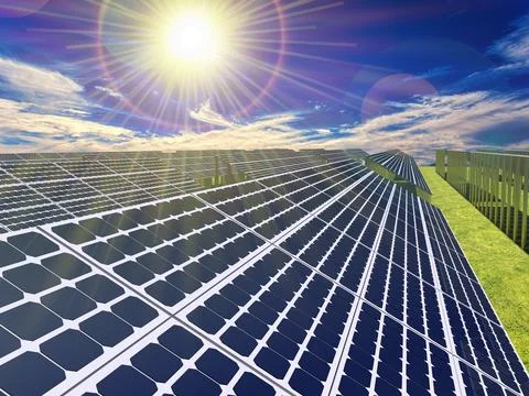 Solar panels on the sky background. Solar power plant. solar power station. A Illustrazione stock