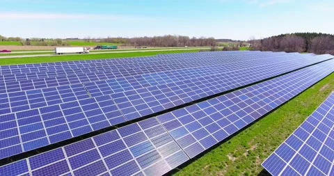 Solar panels solar farm utility country Stock Footage 235942353
