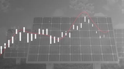 Solar panels staying static while finance candles and red line moving, live data Stock Footage 333903155