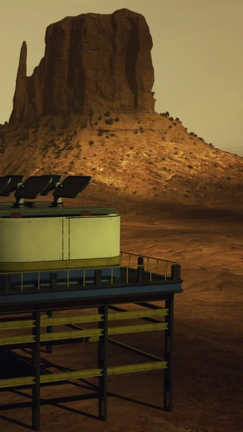 Solar panels on a structure in a Martian landscape during sunset time Stock Footage 334171174
