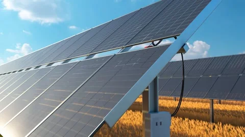 Solar Panels in a Sunlit Wheat Field Landscape Stock Footage 288980307