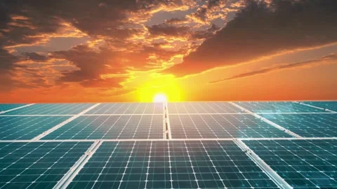 Solar panels at sunset with digital smart grid interface animation Stock Footage 332725724