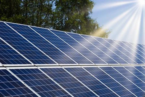 Solar panels system power generators from the sun as a renewable energy source Stock Photos
