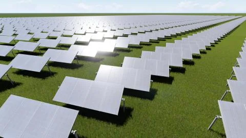 Solar panels with wind generator on clear sky 3D render Stock Illustration