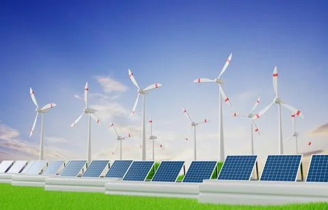Solar panels wind turbines installed as renewable energy sources for electr.. Stock Illustration