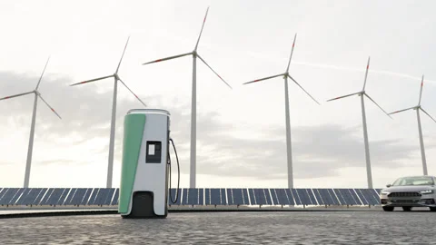 Solar panels, windmill, in nature generate electricity from air and sun 库存影片 234860484
